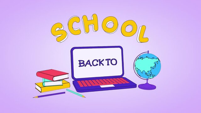 Back to School cartoon animation with title, laptop, globe and books, motion graphics