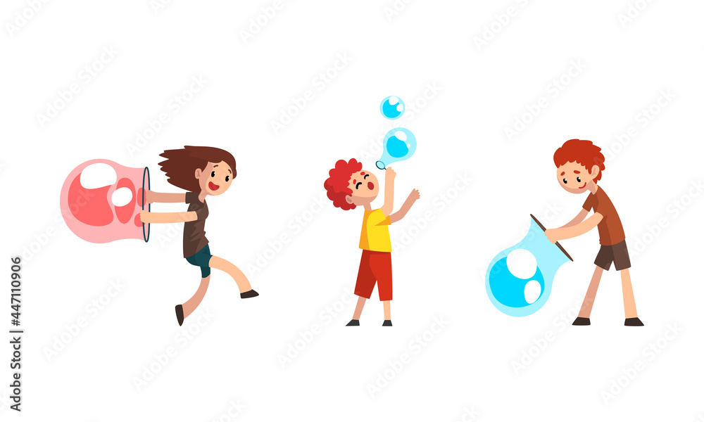 Poster happy kids blowing and playing with soap bubbles set cartoon vector illustration