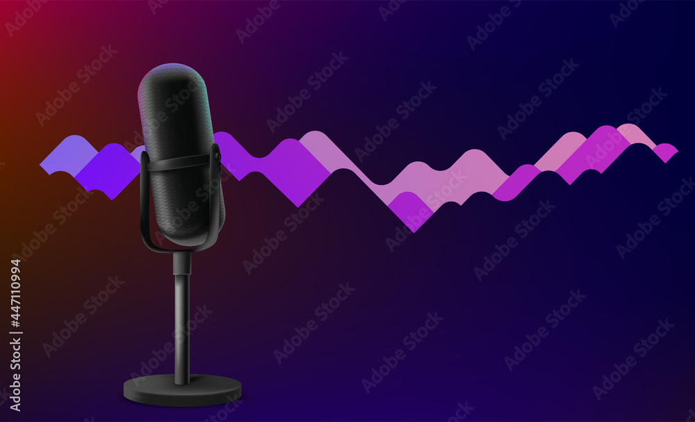 Poster modern microphone with abstract vawes. vector banner