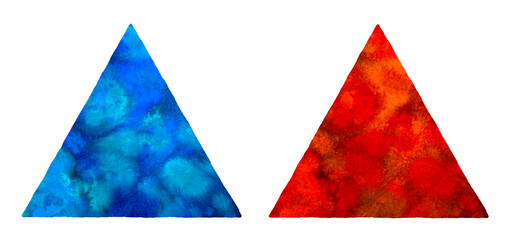 Watercolor triangles isolated on white set, collection. Bloody scarlet red, turquoise blue watercolour stains. Geometric pyramid shape textures, backgrounds for lettering, text frames, design elements