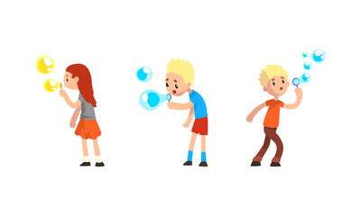 Cute Kids Blowing Soap Bubbles Through Wand Set Cartoon Vector Illustration