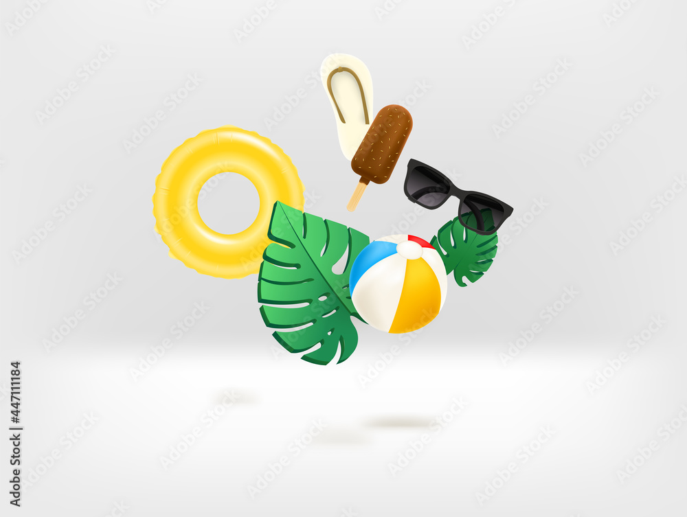 Poster vector banner with tropical leaves and summer objects