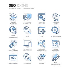 Simple Set of SEO Related Vector Line Icons.  Contains such Icons as Localization, Traffic, Performance Tracking and more. Editable Stroke. 64x64 Pixel Perfect.