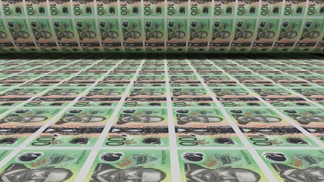 Inflation. Australia dollar banknotes or bills, AUD currency cash. Stack of money printing machine. Government paper process in central bank.Economic, finance. Laundering.exchange. 3d illustration