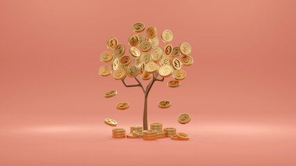 3D rendering concept of investment. A money tree with coin falling down on background. 3d render. 3D illustration. 