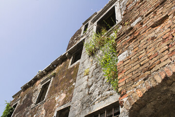 Close-up on the destroyed old building. Perast. Montenegro.