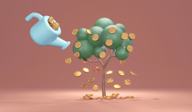 3D rendering concept of investment. A can with golden coins watering a money tree with coin falling down on background. 3d render. 3D illustration. 