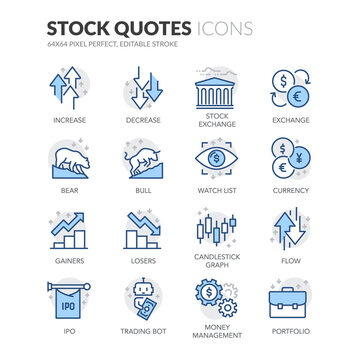 Simple Set of Stock Quotes Related Vector Line Icons.  Contains such Icons as IPO, Portfolio, Money Management and more. Editable Stroke. 64x64 Pixel Perfect.