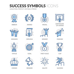 Simple Set of Success Related Vector Line Icons.  Contains such Icons as Ribbon, Winner, Reward and more. Editable Stroke. 64x64 Pixel Perfect.