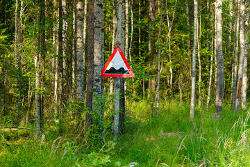 Warning road sign bumpy road hanging on tree in wild forest