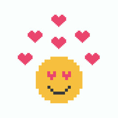 Pixel art emoticon in love with hearts. Vector illustration.