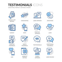 Simple Set of Testimonials Related Vector Line Icons.  Contains such Icons as Star Rating, Feedback, Review and more. Editable Stroke. 64x64 Pixel Perfect.