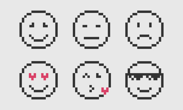 Pixel smile emoji face icon. Pixel Emotion smile face set. Emoji face smile, pixel style. Vector illustration.
