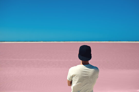 Back view of unrecognizable man, wearing gray tshirt and baseball cap, standing against pink lanke and clear blue sky, minimalism concept