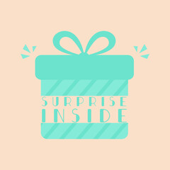Gift box with text SURPRISE INSIDE. Open gift box design template. Vector
