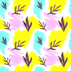 Seamless pattern with a background of multicolored abstract lines, spots, leaves, branches in the style of doodle, illustration with markers on a white background.
