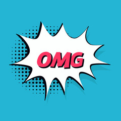 Comic style text, OMG sound effect, speech bubble, pop art advertisement, vector illustration.