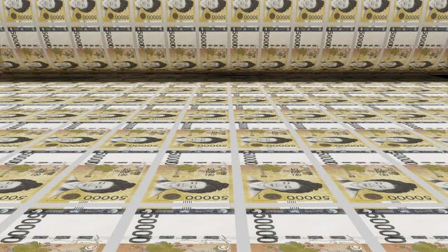 Inflation. Korean won banknotes or bills, KRW currency cash in Korea. Stack of money printing machine. Paper process in central bank. Economic, finance. Laundering.Rich exchange. 3d illustration