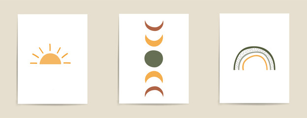 Abstract sun, rainbow, moon posters. Boho contemporary backgrounds, beige covers trendy mid century style. Geometric vector wall decor.