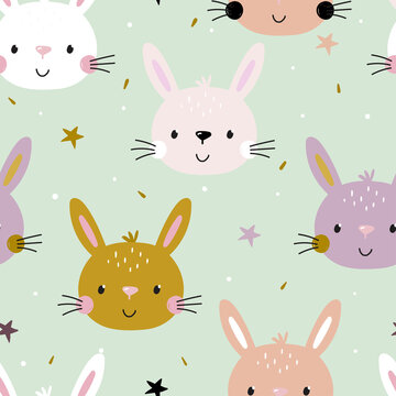 Seamless pattern cute character - animal baby bunny. Vector print for baby shower. Printable templates. Vector pattern with rabbit.