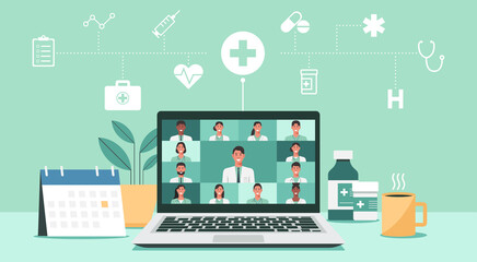 telemedicine, online medical consultation and support services concept, virtual healthcare with doctors connecting together via laptop with icon, video conference, vector flat illustration