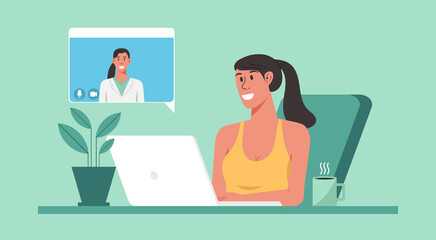 telemedicine, online healthcare and medical consultation support services concept, woman using laptop connecting to doctor online from home, vector flat illustration