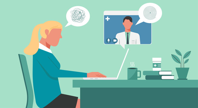 telemedicine, online healthcare and medical consultation support services concept, businesswoman using laptop connecting to doctor online from office, vector flat illustration
