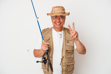 Senior american fisherman holding rod isolated on white background showing number two with fingers.