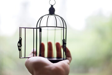 Close up open bird cage on hand : freedom concept