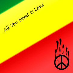 Images of the colors of the hippie flag with a badge and a slogan.