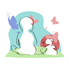 The figure shows a child and a teddy bear on a white background 