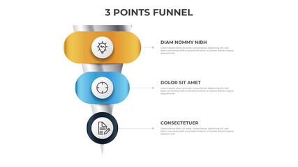 funnel infographic with 3 points, diagram, chart, layout template, can be used for digital marketing, sales, process