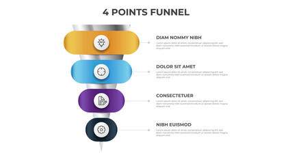 funnel infographic with 4 points, diagram, chart, layout template, can be used for digital marketing, sales, process