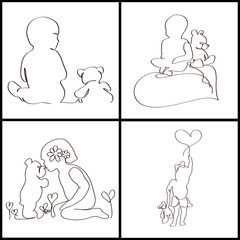 Set of outlines baby and teddy bear on a white background. 