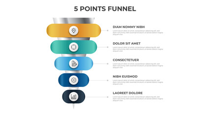 funnel infographic with 5 points, diagram, chart, layout template, can be used for digital marketing, sales, process