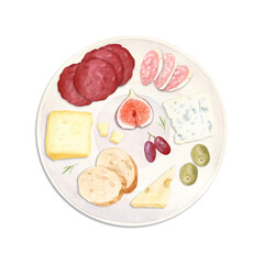 Watercolor hand painted illustration - plate with food, snack - bread, fruits, vegetables, cheese.