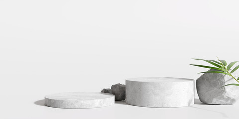 Stone product display podium with bamboo nature leaves on white background. 3D rendering  © nawapon