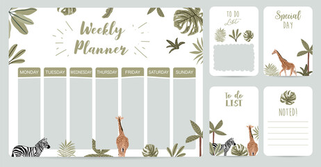 Weekly planner start on Sunday with safari,to do list that use for herizontal digital and printable A4 A5 size - obrazy, fototapety, plakaty