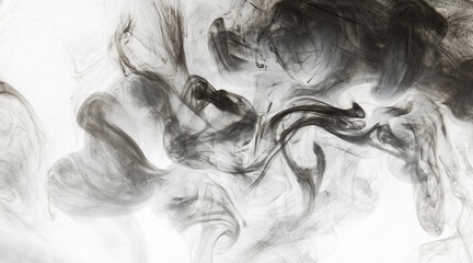 Abstract paint in water background. Black smoke cloud in motion on white, acrylic swirl splashes