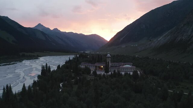 River and mountains at sunset.