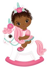 African American Curly Baby Girl Riding Unicorn 
