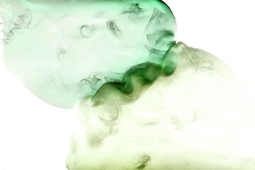 Green smoke cloud underwater background. Abstract swirling ocean, vibrant emerald color silk. Concept hookah, perfume, aroma wallpaper