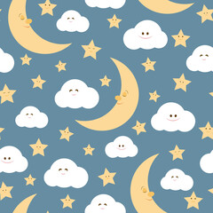 Cute sleeping moon, stars and clouds seamless pattern. Vector Illustration. It can be used for wallpapers, wrapping, cards, patterns for clothes and other.