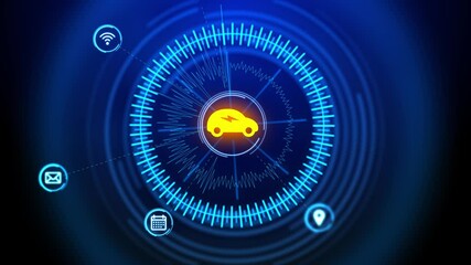 4K Animation Futuristic Car HUD Screen Electric car charging on charge station electro mobility environment friendly. car digital data analyzing and loading information process icons. - Powered by Adobe
