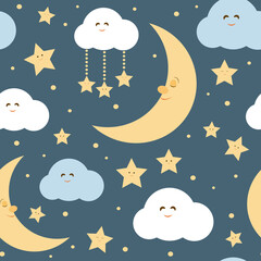  Seamless pattern with cute sleeping moon, stars and clouds. Vector illustration. It can be used for wallpapers, wrapping, cards, patterns for clothes and other.