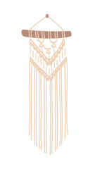 Panel of cord, wall hanging. Macrame with fringe. Diy stylish interior decor. Wicker hand made modern Scandinavian. Isolated on white background. Vector illustration