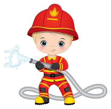 Firefighter Cute Little Blond Boy with Fire Hose 