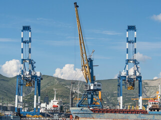 Fototapeta na wymiar Industrial sea port with shipping terminal, boats and loading cranes