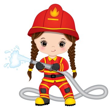 Firefighter Cute Little Brunette Girl with Fire Hose