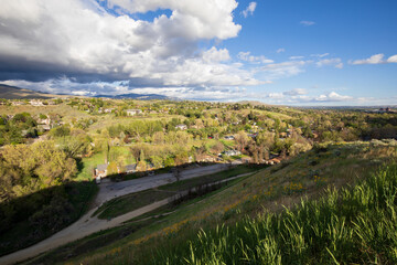 Boise Idaho neighborhood skyline and trail on the hill. View from Camels Back Park.